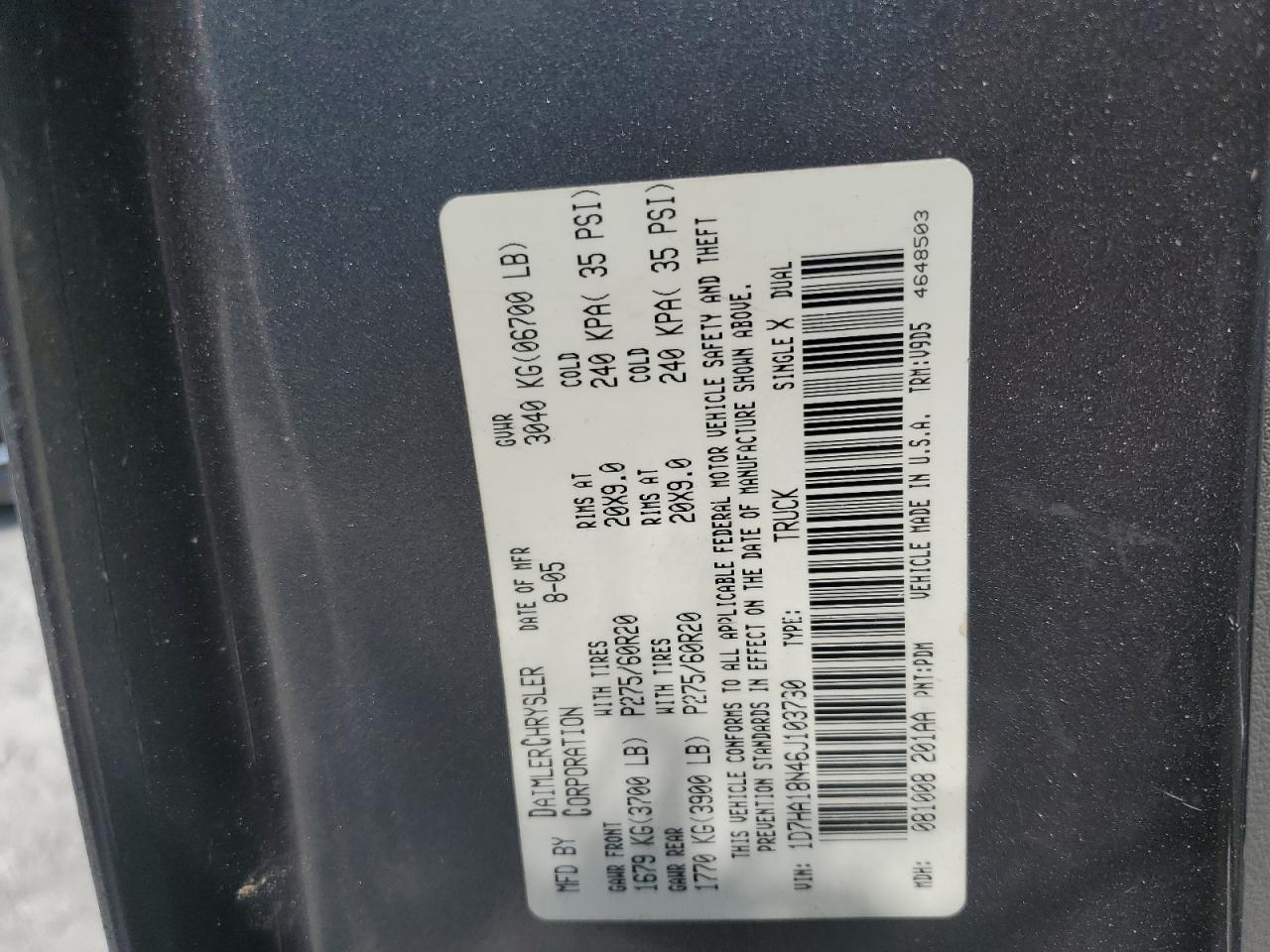 2006 Dodge Ram 1500 St VIN: 1D7HA18N46J103730 Lot: 94898305