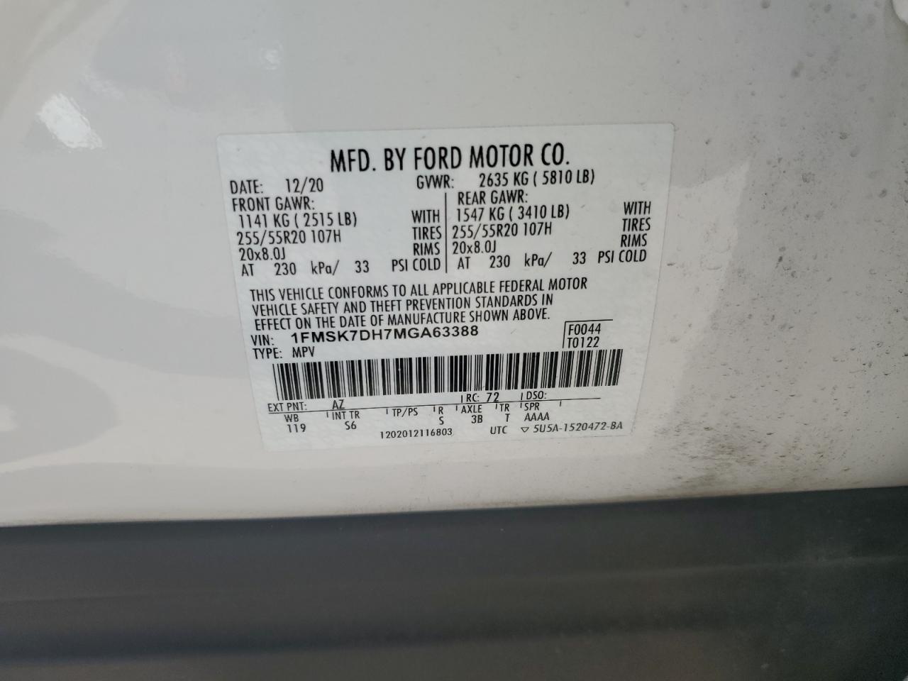 2021 Ford Explorer Xlt VIN: 1FMSK7DH7MGA63388 Lot: 62786755
