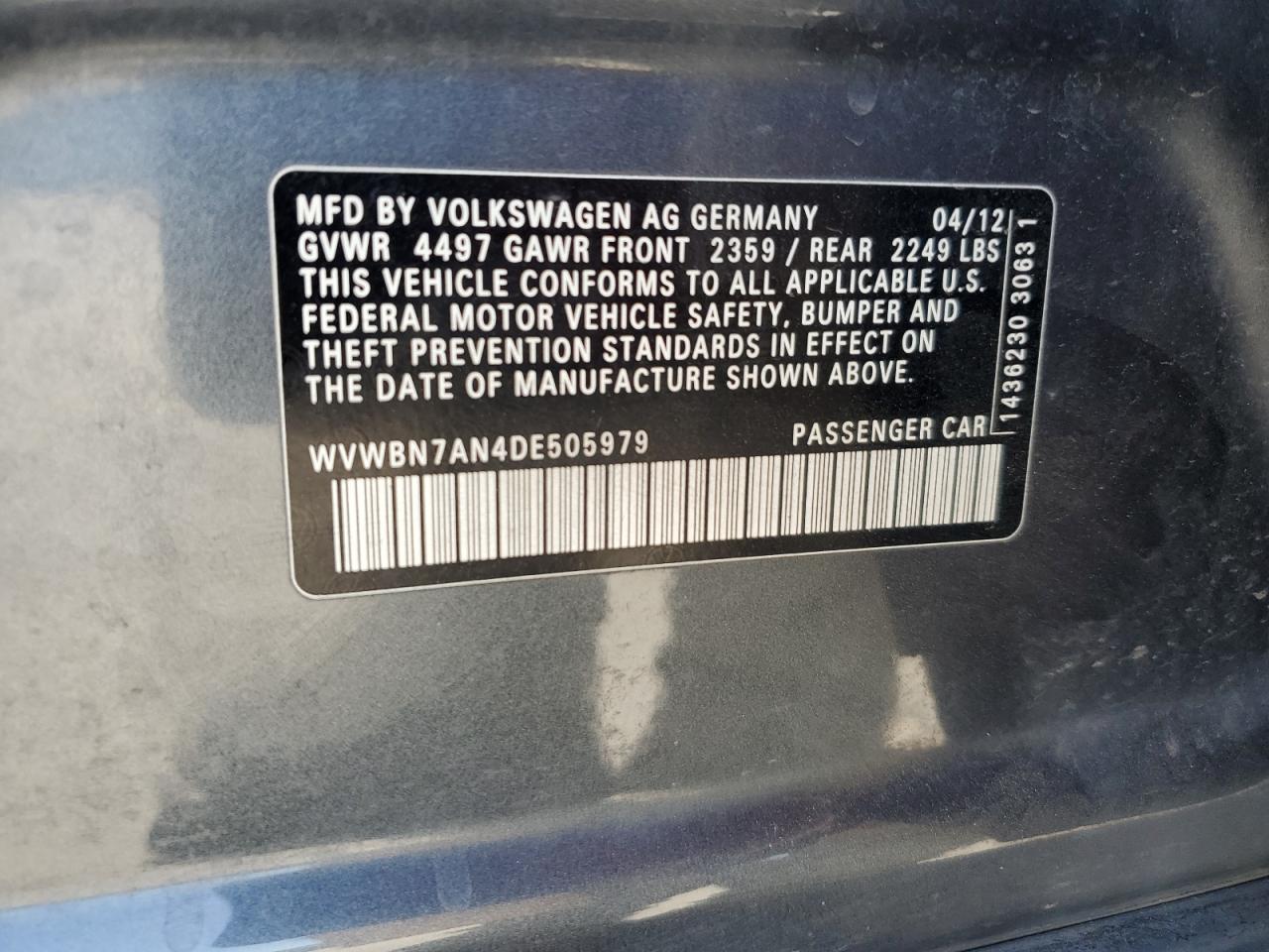 2013 Volkswagen Cc Sport VIN: WVWBN7AN4DE505979 Lot: 64385805