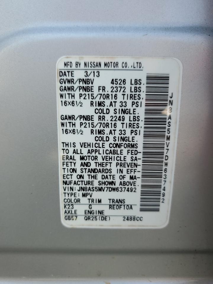 2013 Nissan Rogue S VIN: JN8AS5MV7DW637492 Lot: 66770595