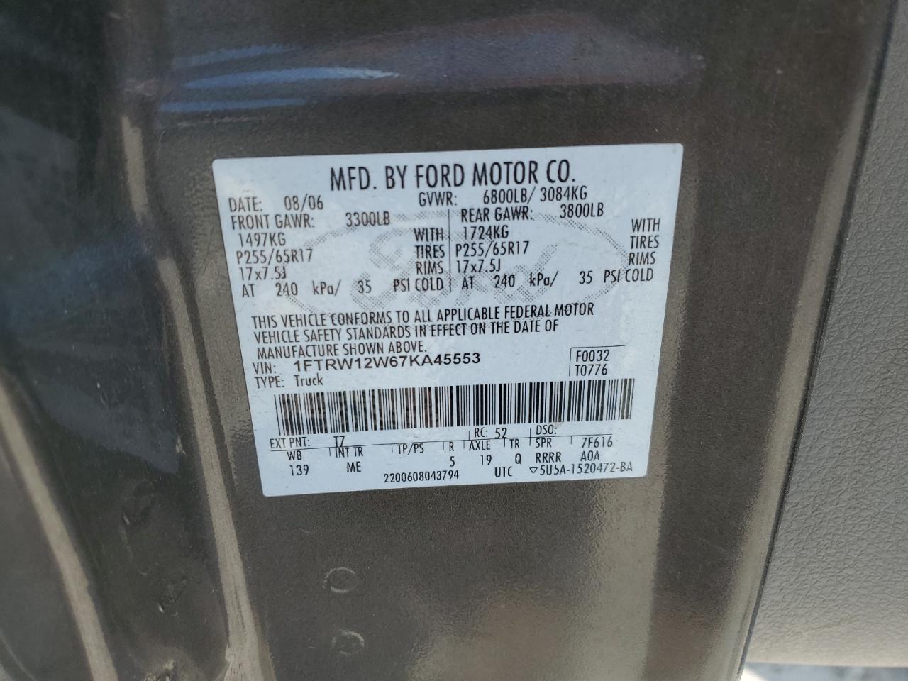 2007 Ford F150 Supercrew VIN: 1FTRW12W67KA45553 Lot: 63635795