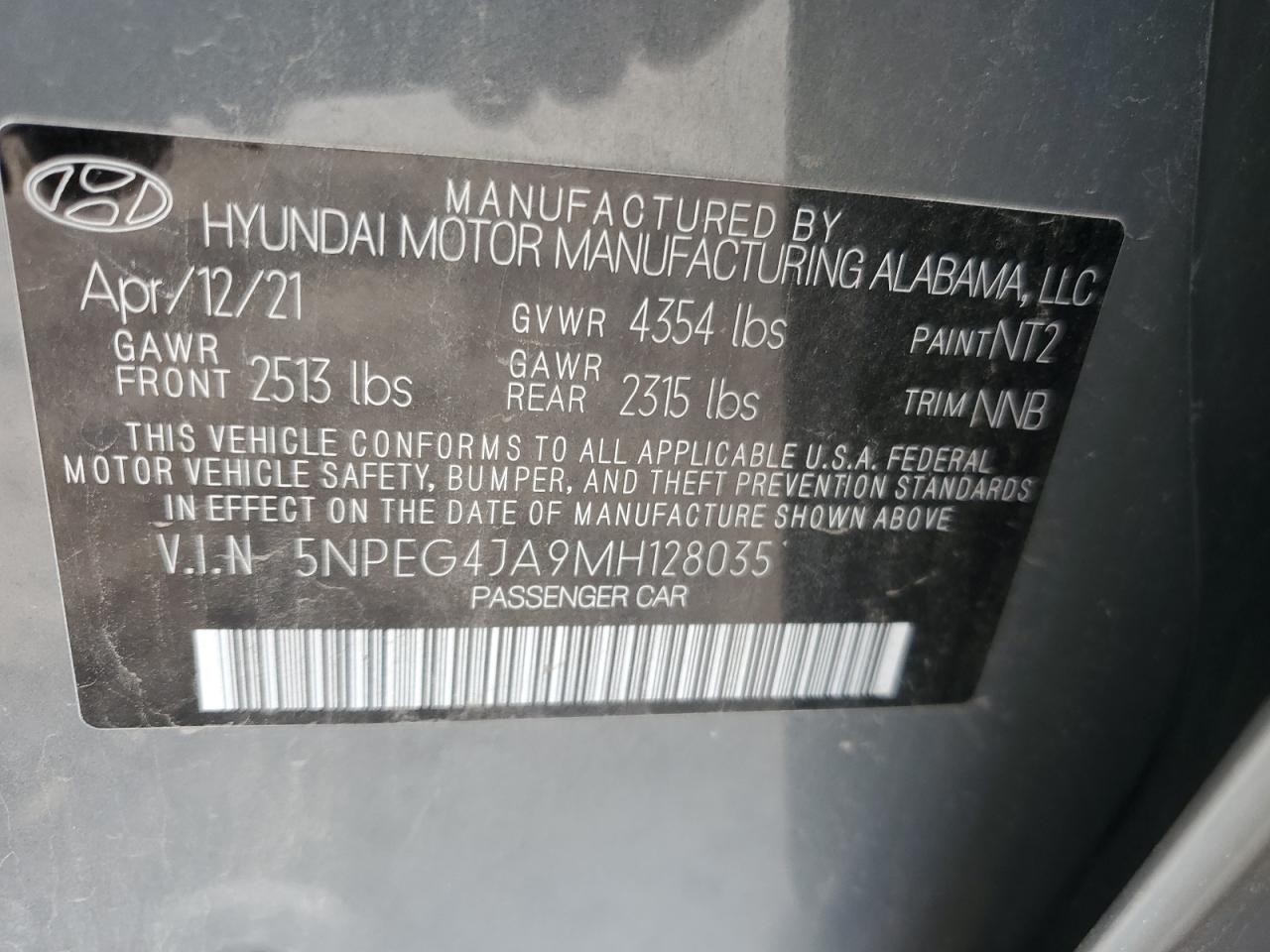 2021 Hyundai Sonata Se VIN: 5NPEG4JA9MH128035 Lot: 63490975