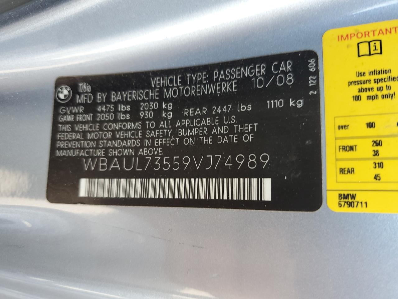2009 BMW 128 I VIN: WBAUL73559VJ74989 Lot: 64055265