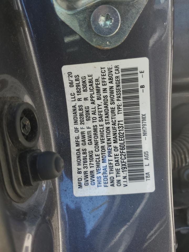 2020 Honda Civic Lx VIN: 19XFC2F60LE021371 Lot: 64868385