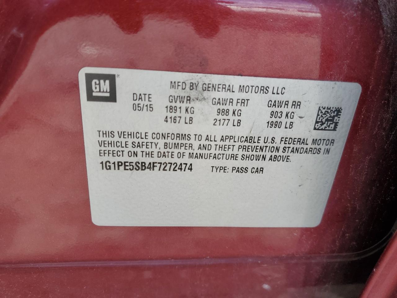 2015 Chevrolet Cruze Lt VIN: 1G1PE5SB4F7272474 Lot: 65416215