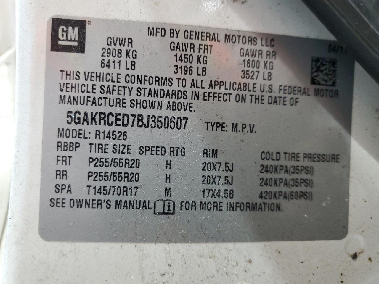 2011 Buick Enclave Cxl VIN: 5GAKRCED7BJ350607 Lot: 65397195