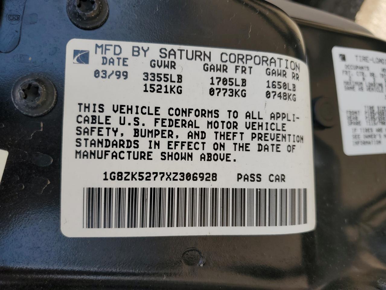 1999 Saturn Sl2 VIN: 1G8ZK5277XZ306928 Lot: 63299615