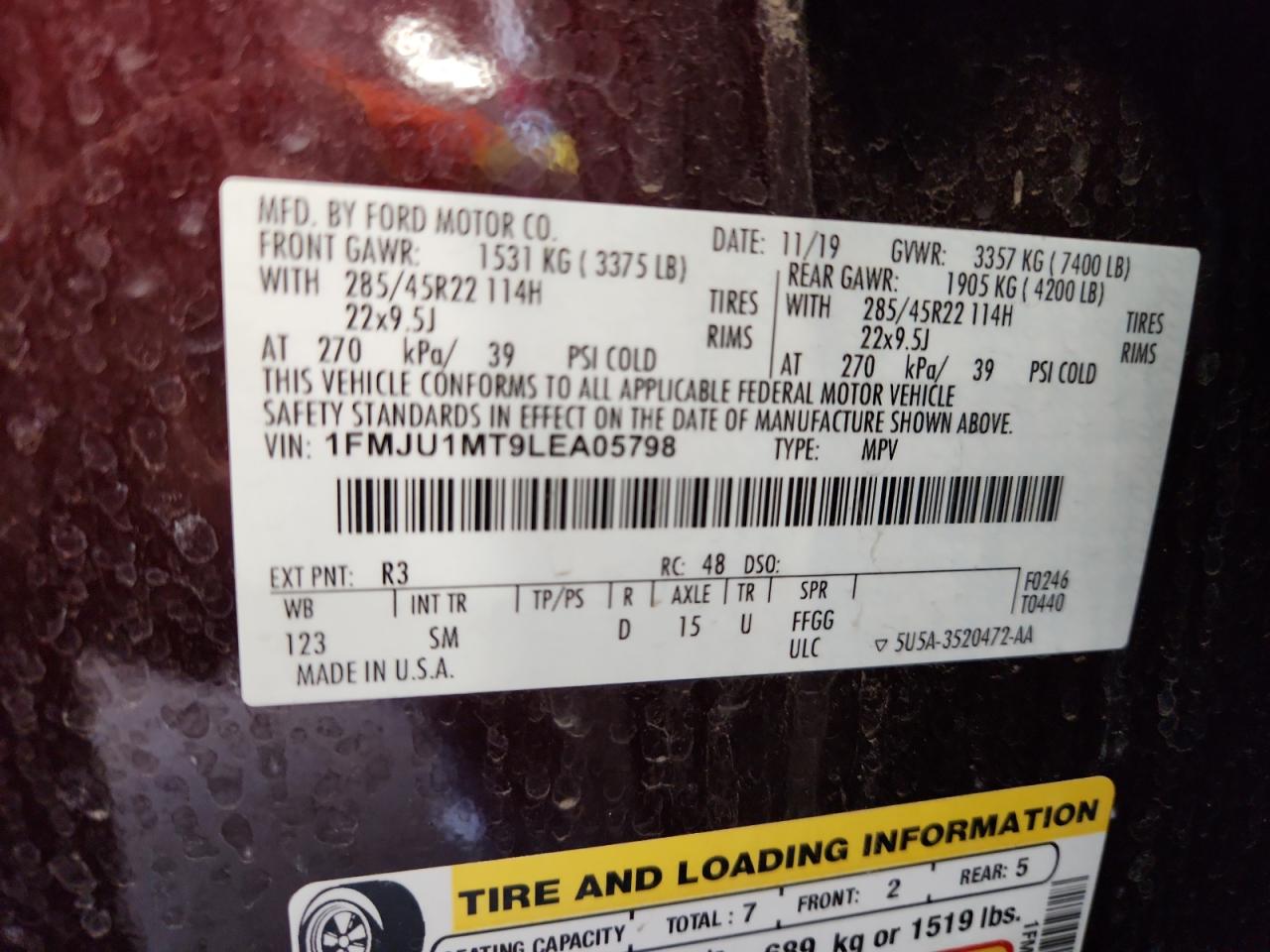 2020 Ford Expedition Platinum VIN: 1FMJU1MT9LEA05798 Lot: 63286275