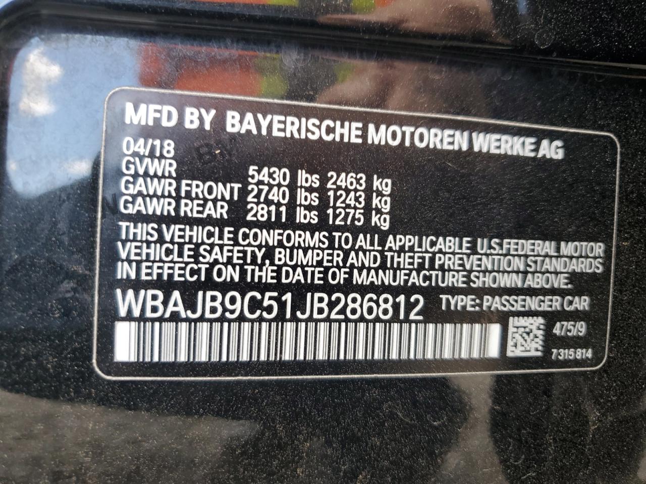 2018 BMW M550Xi VIN: WBAJB9C51JB286812 Lot: 64443935