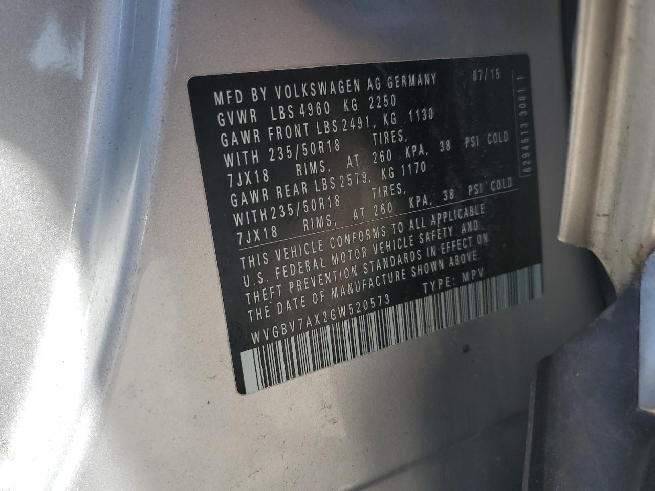 2016 Volkswagen Tiguan S VIN: WVGBV7AX2GW520573 Lot: 66182645