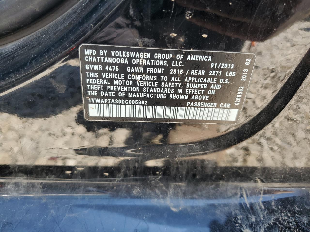 2013 Volkswagen Passat S VIN: 1VWAP7A30DC085862 Lot: 64002965
