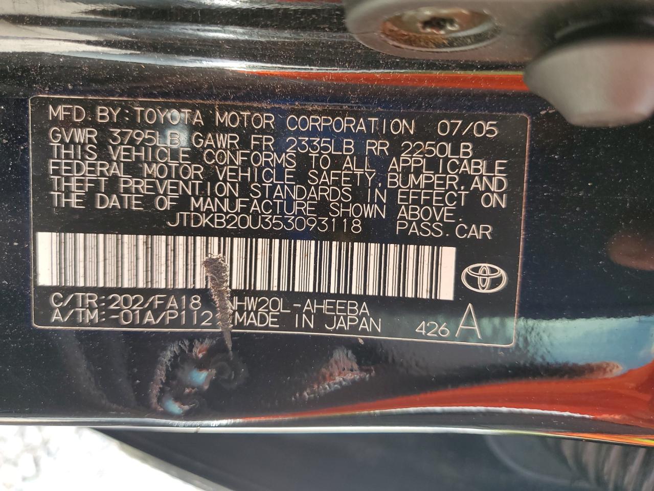 2005 Toyota Prius VIN: JTDKB20U353093118 Lot: 64184875