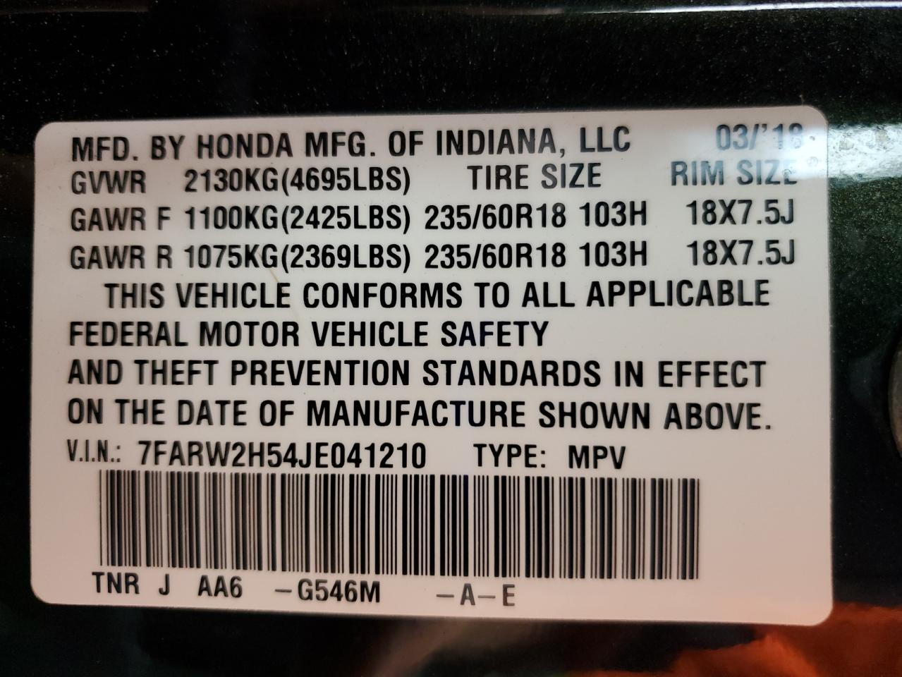2018 Honda Cr-V Ex VIN: 7FARW2H54JE041210 Lot: 64759865