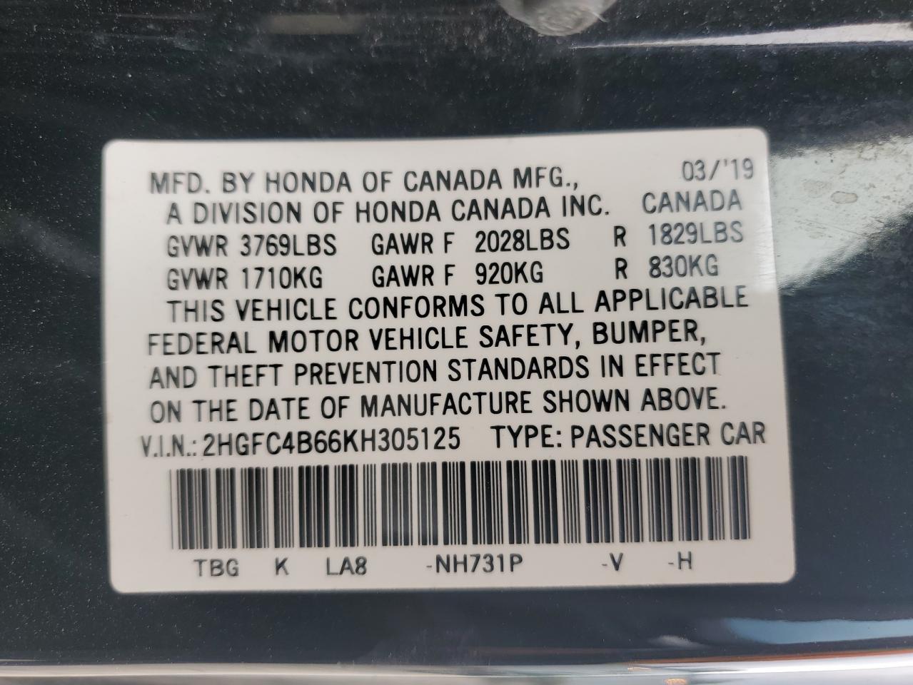 2019 Honda Civic Lx VIN: 2HGFC4B66KH305125 Lot: 66725855