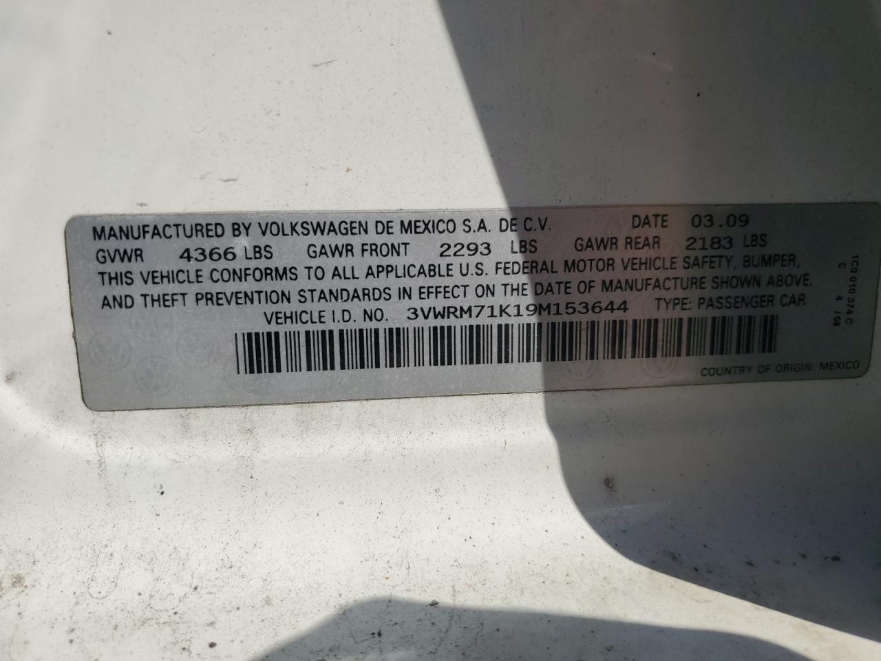 2009 Volkswagen Jetta Se VIN: 3VWRM71K19M153644 Lot: 64068565
