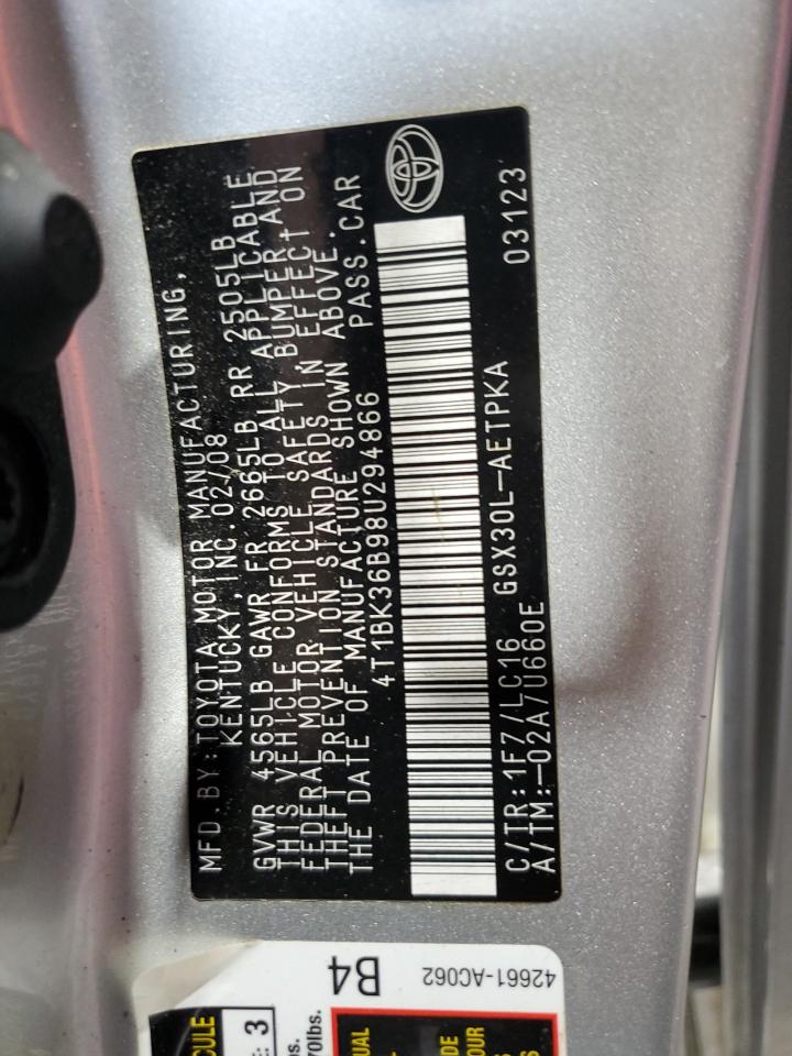 2008 Toyota Avalon Xl VIN: 4T1BK36B98U294866 Lot: 63645775