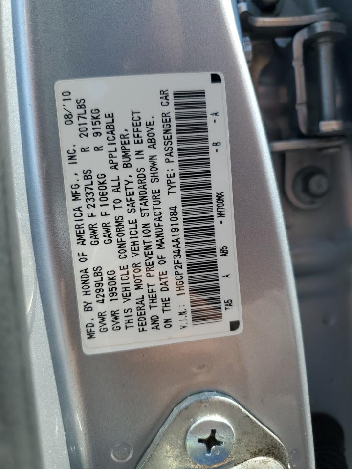 2010 Honda Accord Lx VIN: 1HGCP2F34AA191084 Lot: 62704225