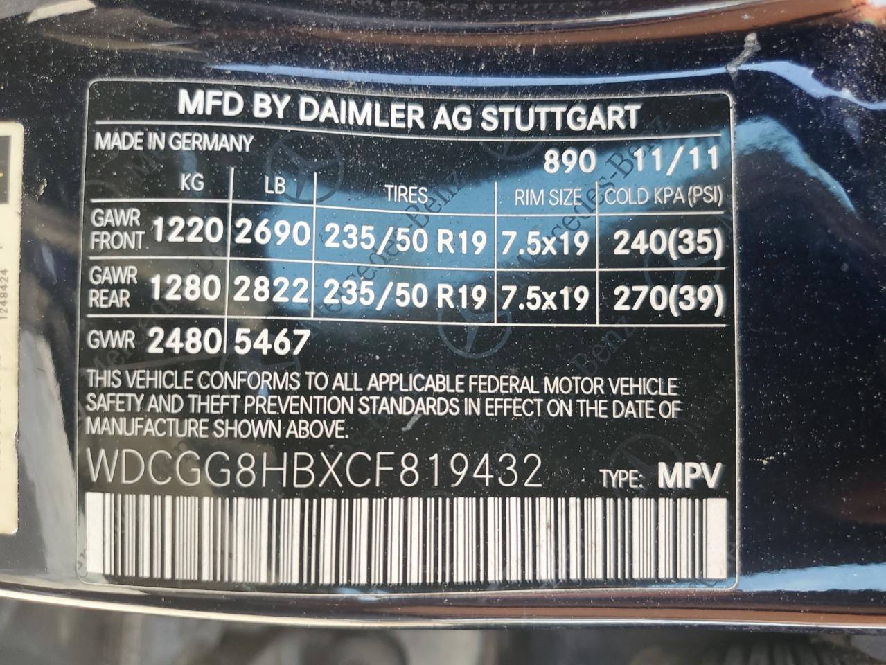 2012 Mercedes-Benz Glk 350 4Matic VIN: WDCGG8HBXCF819432 Lot: 62791185