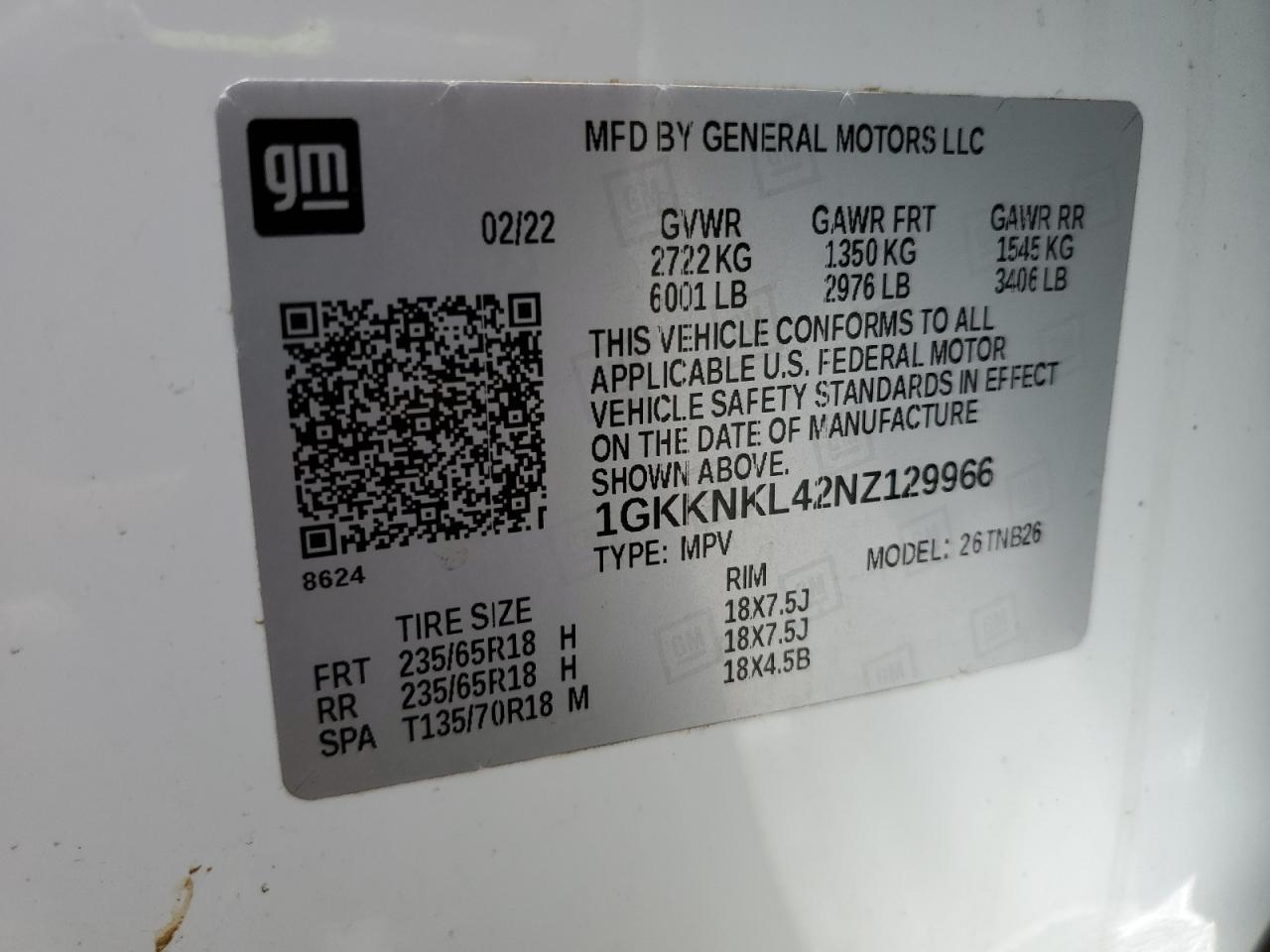 2022 GMC Acadia Sle VIN: 1GKKNKL42NZ129966 Lot: 63386705