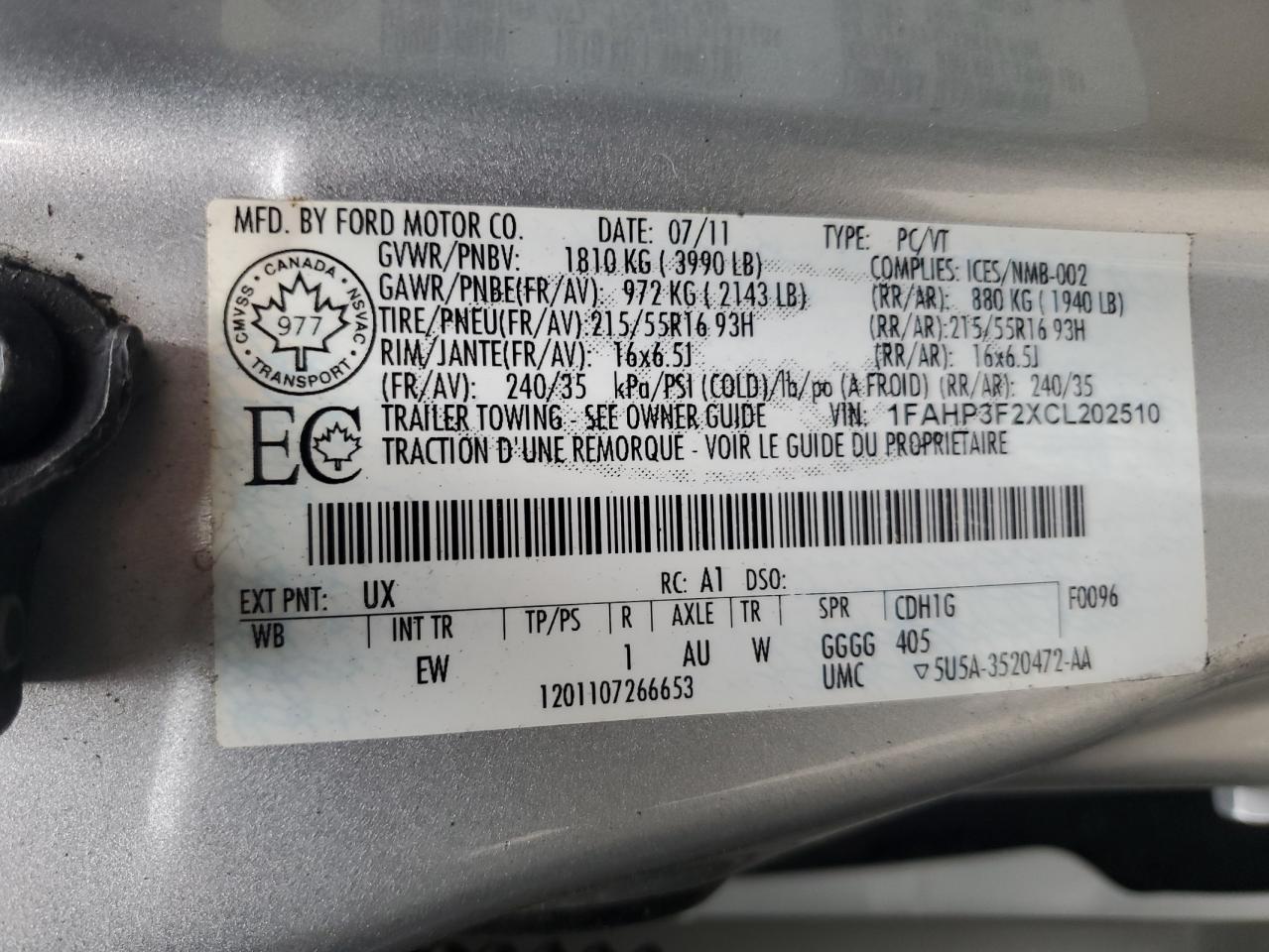 2012 Ford Focus Se VIN: 1FAHP3F2XCL202510 Lot: 64066545