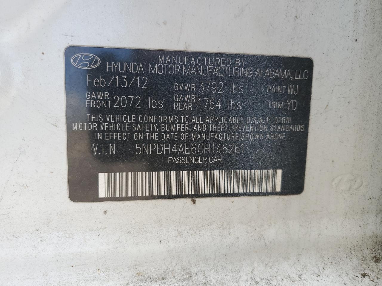 2012 Hyundai Elantra Gls VIN: 5NPDH4AE6CH146261 Lot: 65923575