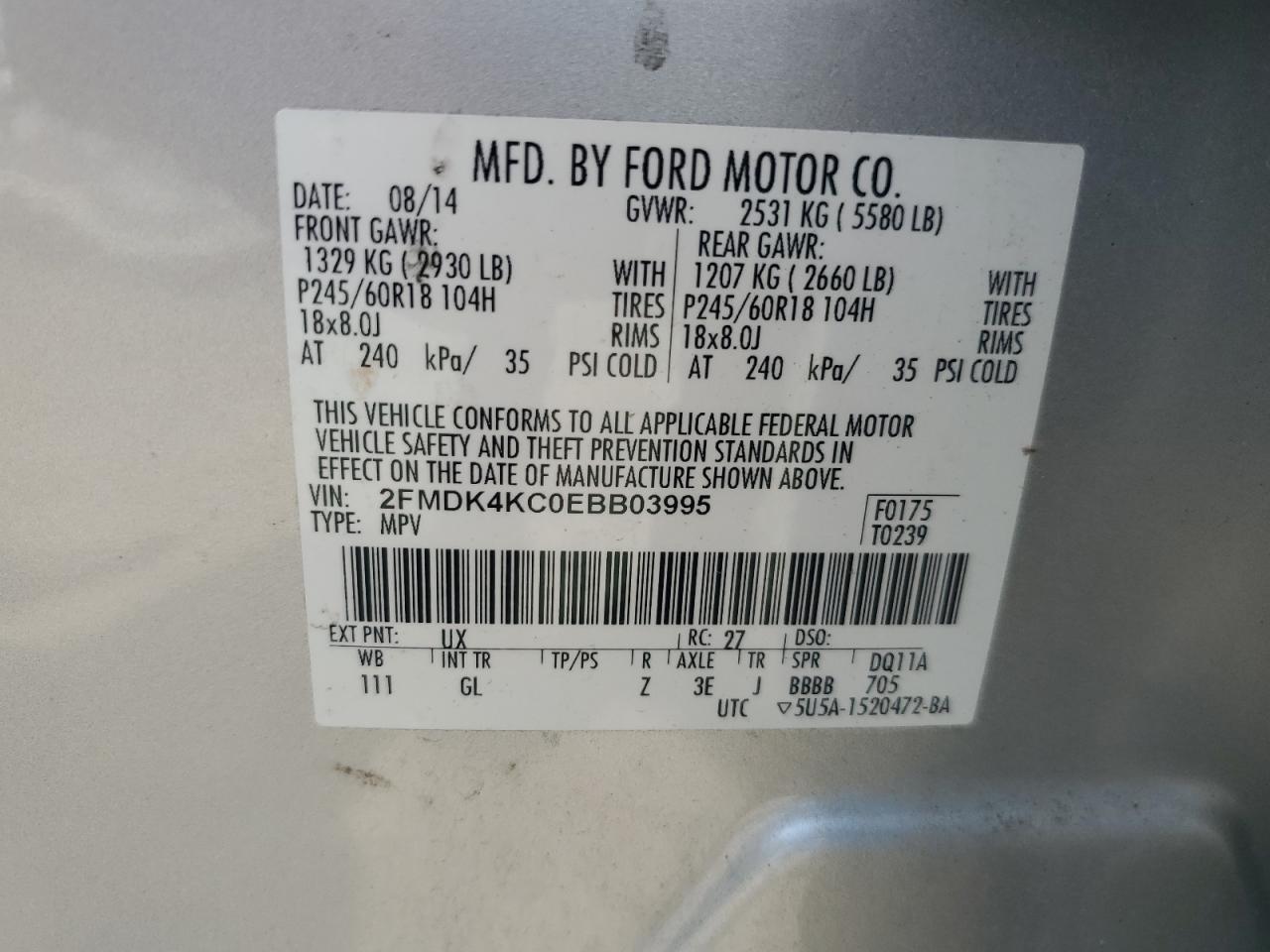 2014 Ford Edge Limited VIN: 2FMDK4KC0EBB03995 Lot: 65094825