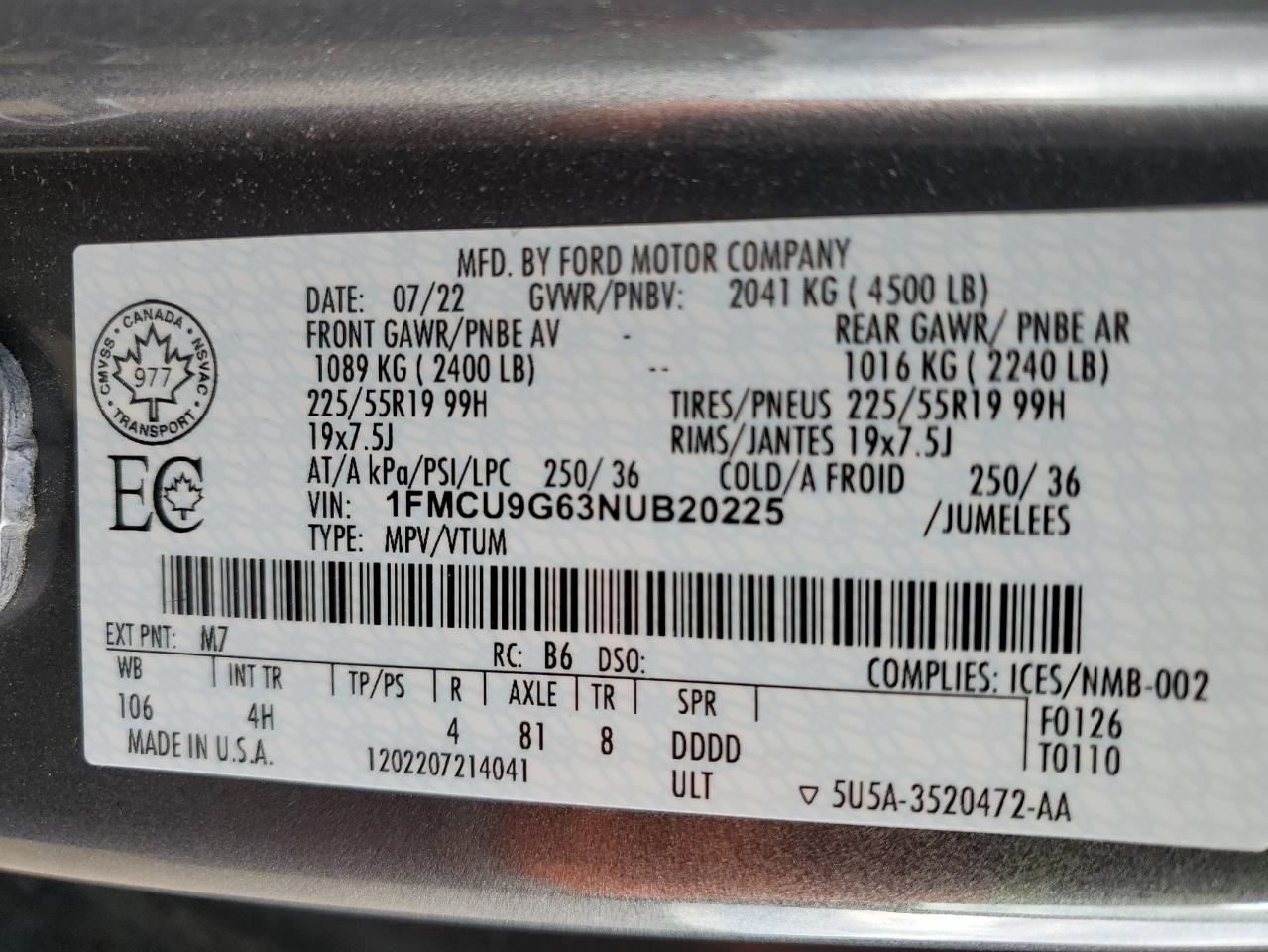 2022 Ford Escape Se VIN: 1FMCU9G63NUB20225 Lot: 64163075