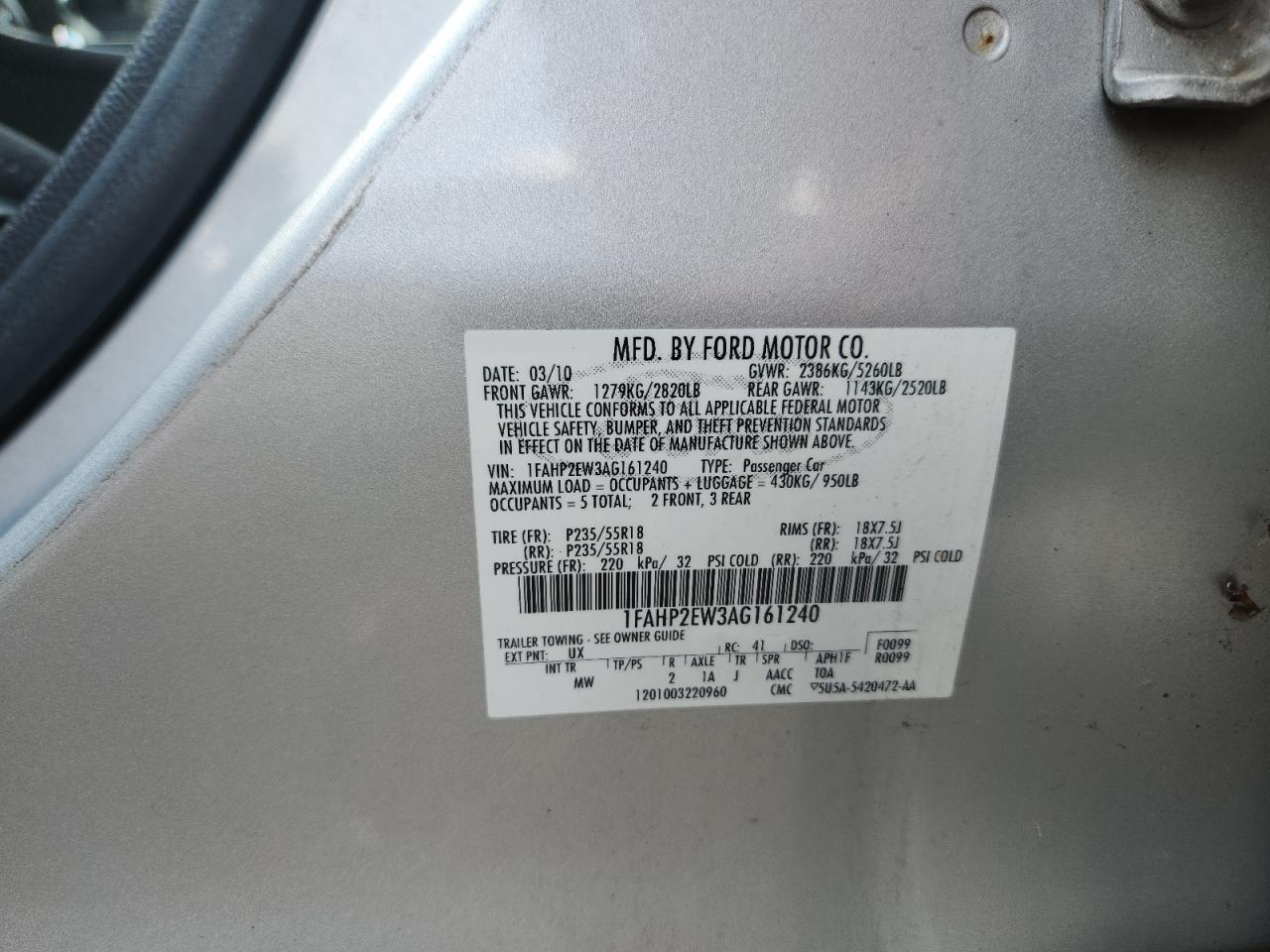 2010 Ford Taurus Sel VIN: 1FAHP2EW3AG161240 Lot: 64665645