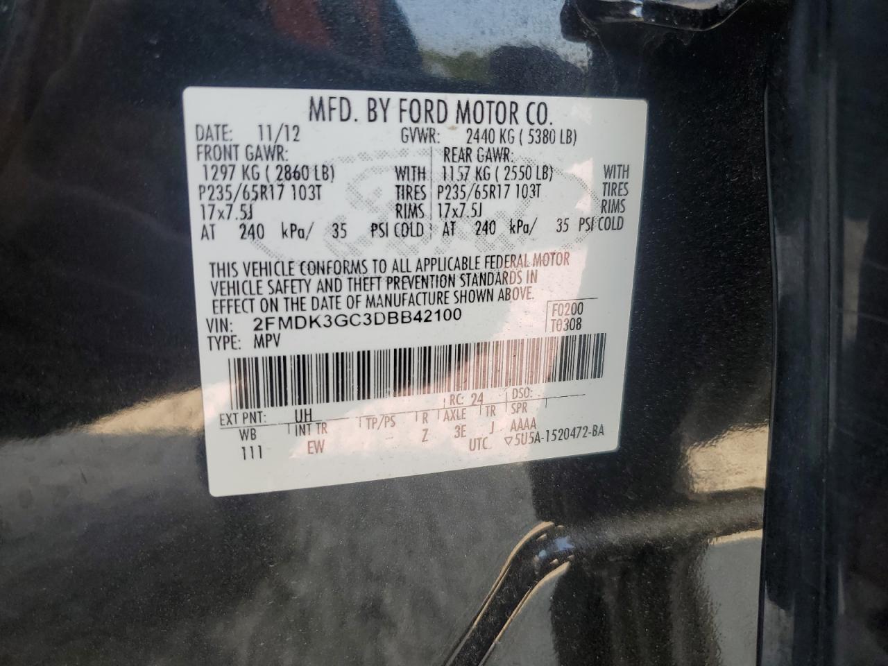 2013 Ford Edge Se VIN: 2FMDK3GC3DBB42100 Lot: 64899495