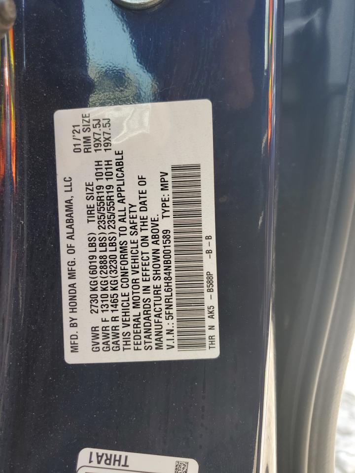 2022 Honda Odyssey Touring VIN: 5FNRL6H84NB001589 Lot: 65760175