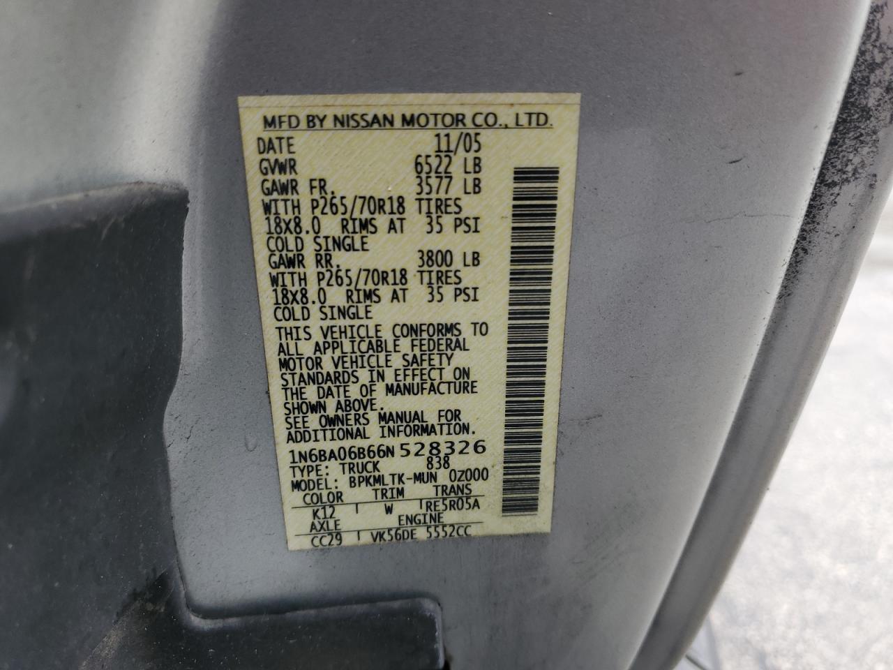 2006 Nissan Titan Xe VIN: 1N6BA06B66N528326 Lot: 63981045