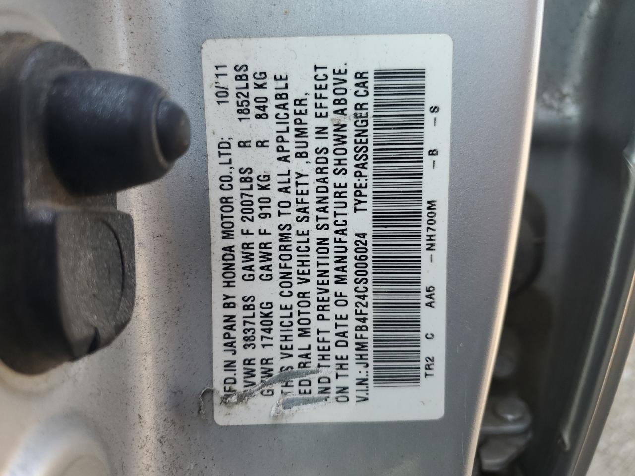 2012 Honda Civic Hybrid VIN: JHMFB4F24CS006024 Lot: 65151815