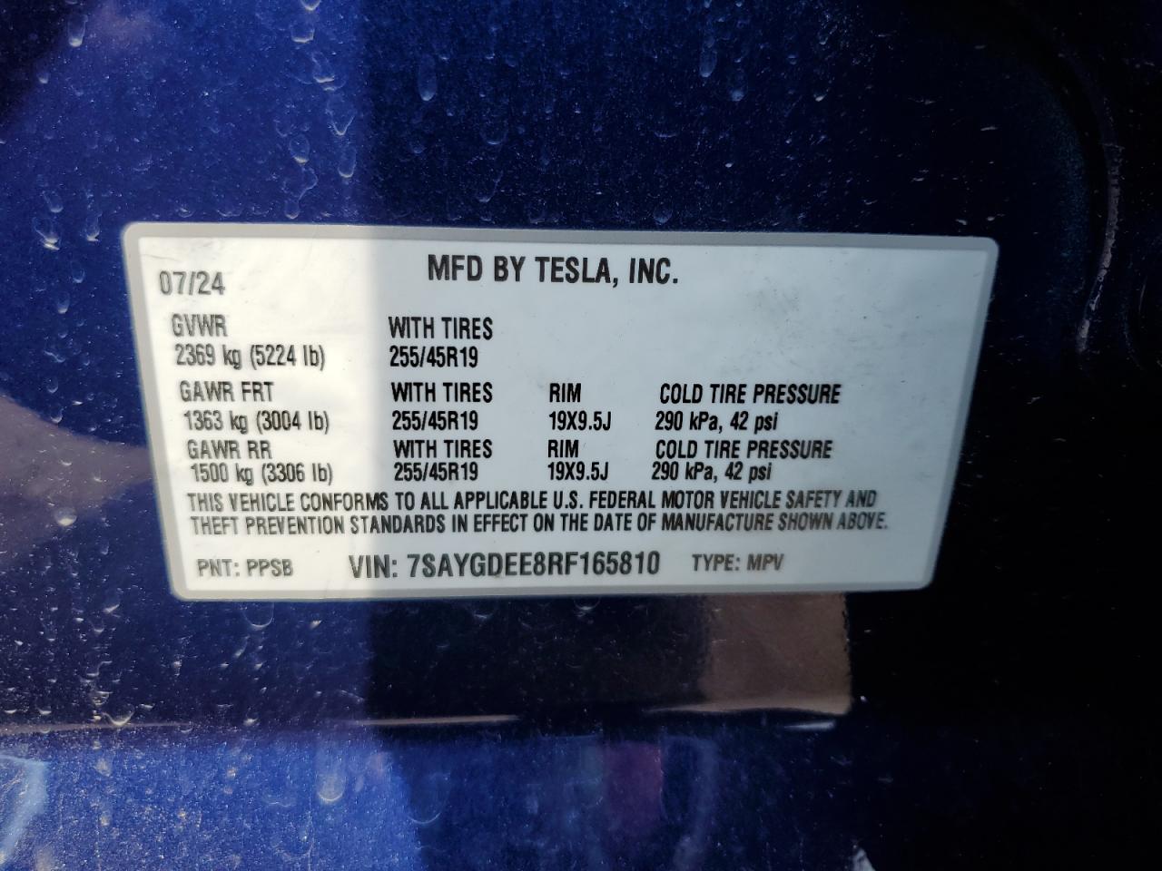 2024 Tesla Model Y VIN: 7SAYGDEE8RF165810 Lot: 66110225