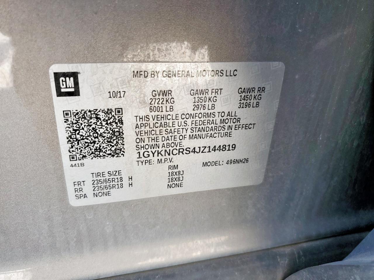 2018 Cadillac Xt5 Luxury VIN: 1GYKNCRS4JZ144819 Lot: 65261675