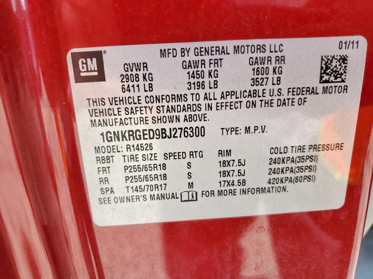 2011 Chevrolet Traverse Lt VIN: 1GNKRGED9BJ276300 Lot: 64743485