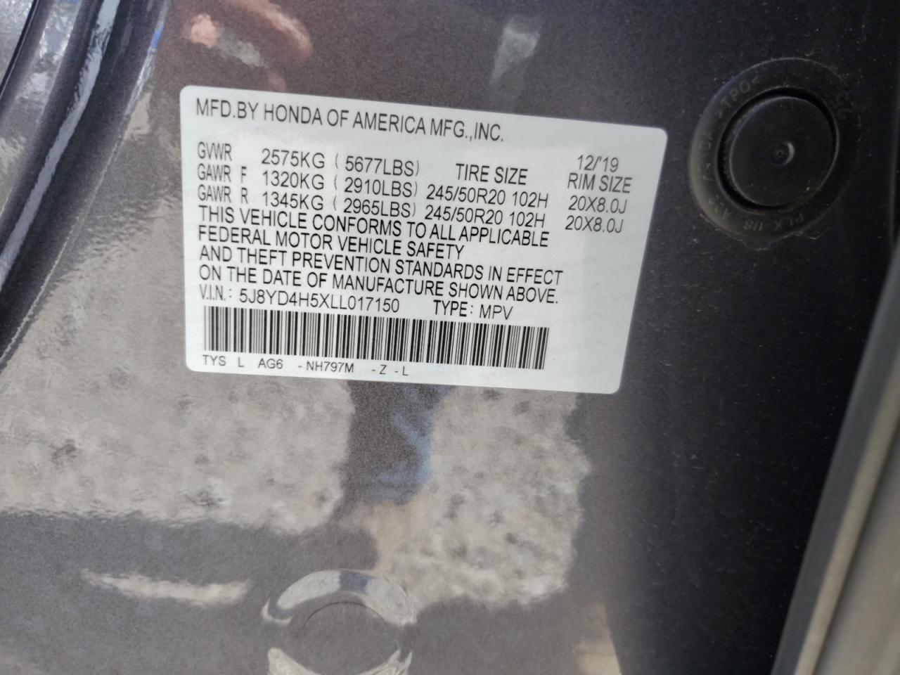 2020 Acura Mdx Technology VIN: 5J8YD4H5XLL017150 Lot: 64248205