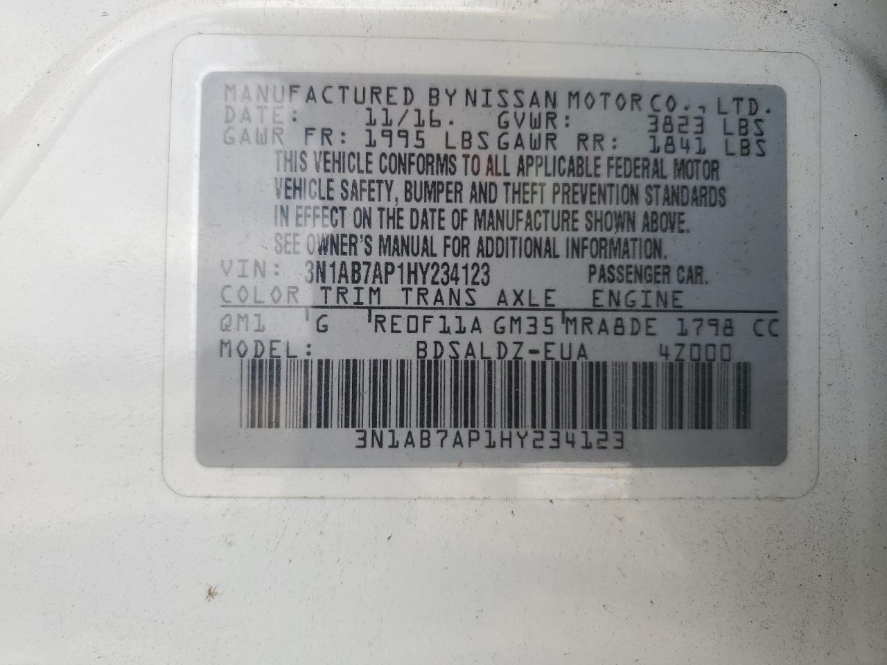 3N1AB7AP1HY234123 NISSAN SENTRA 2017