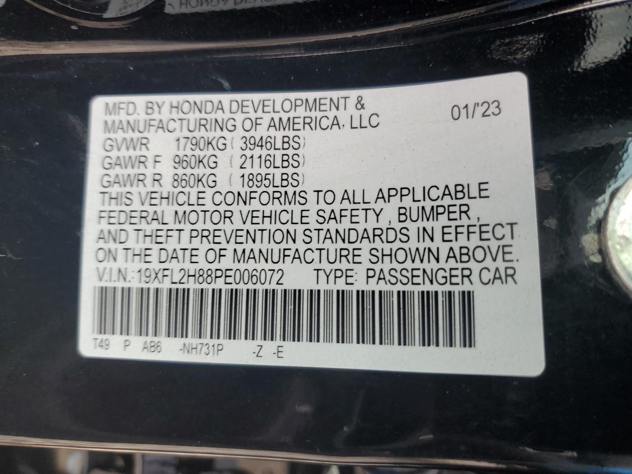 2023 Honda Civic Sport VIN: 19XFL2H88PE006072 Lot: 64700715
