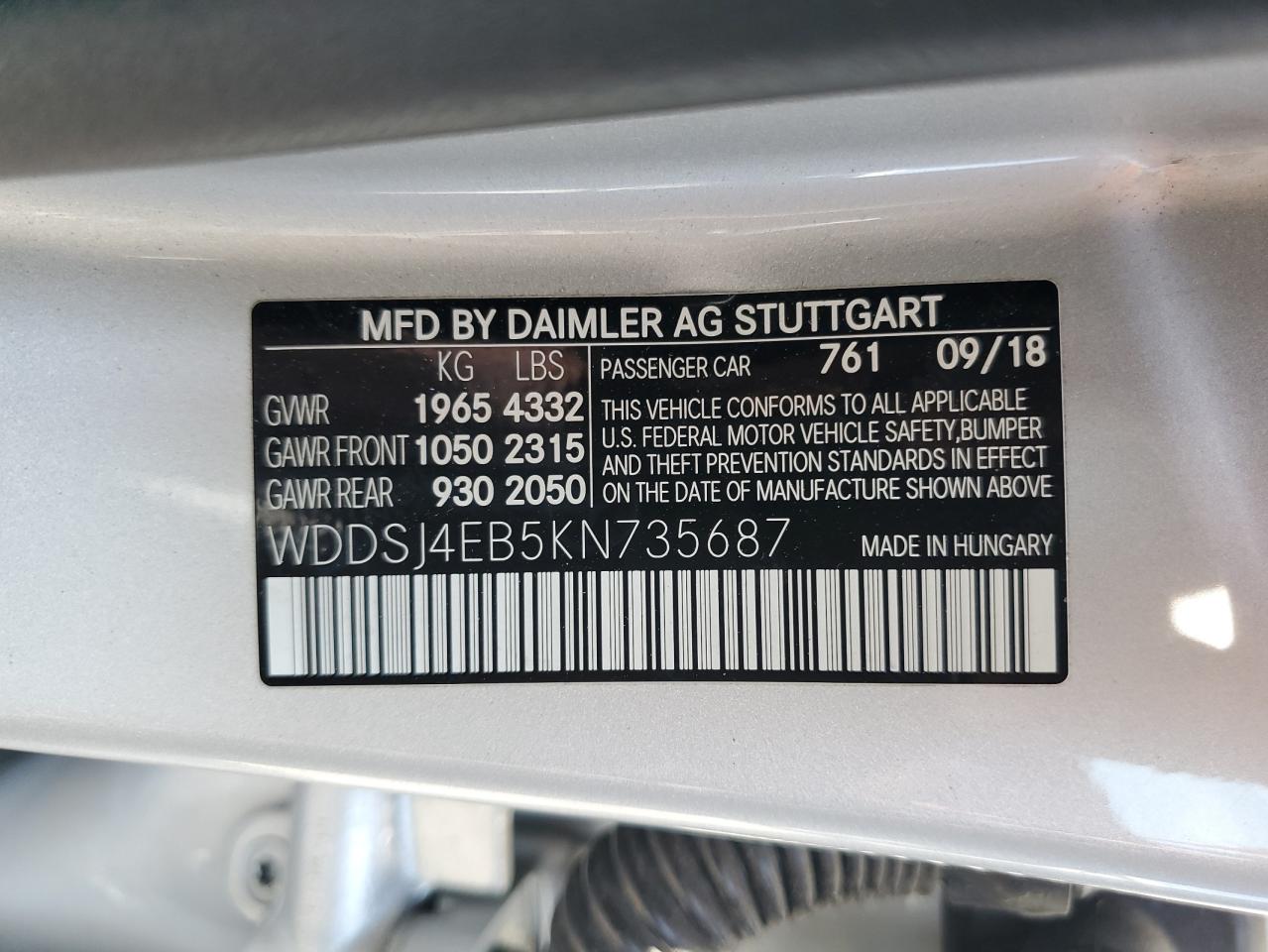 2019 Mercedes-Benz Cla 250 VIN: WDDSJ4EB5KN735687 Lot: 65428865