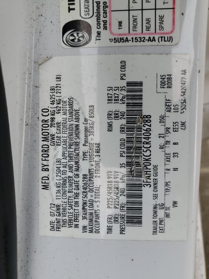2012 Ford Fusion Sport VIN: 3FAHP0KC5CR406288 Lot: 64932905