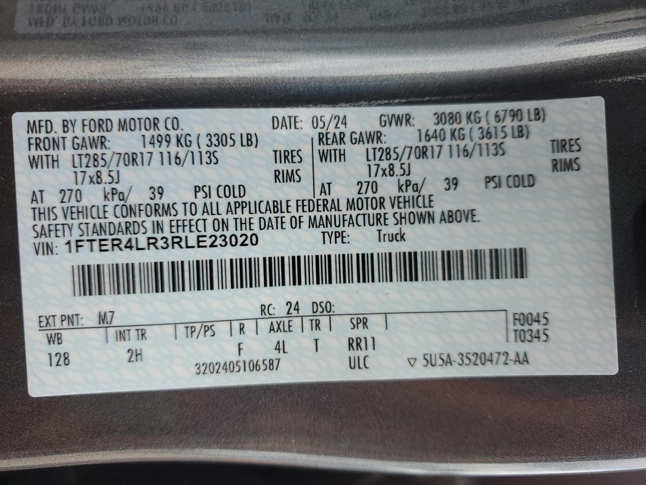 2024 Ford Ranger Raptor VIN: 1FTER4LR3RLE23020 Lot: 65212945