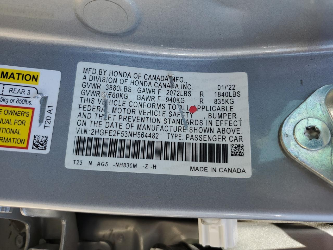 2022 Honda Civic Sport VIN: 2HGFE2F53NH564482 Lot: 65550175