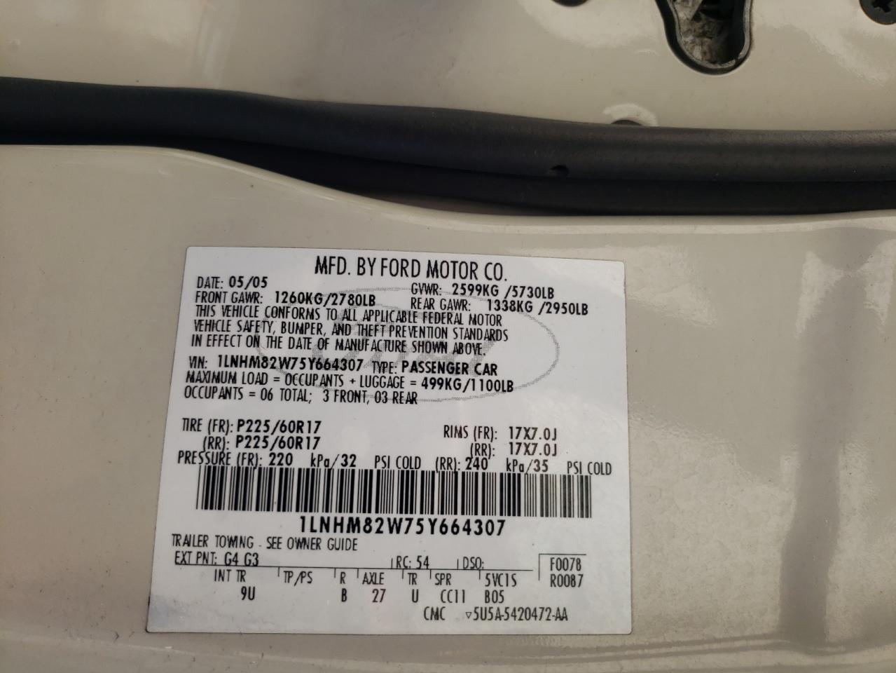 2005 Lincoln Town Car Signature Limited VIN: 1LNHM82W75Y664307 Lot: 64132375