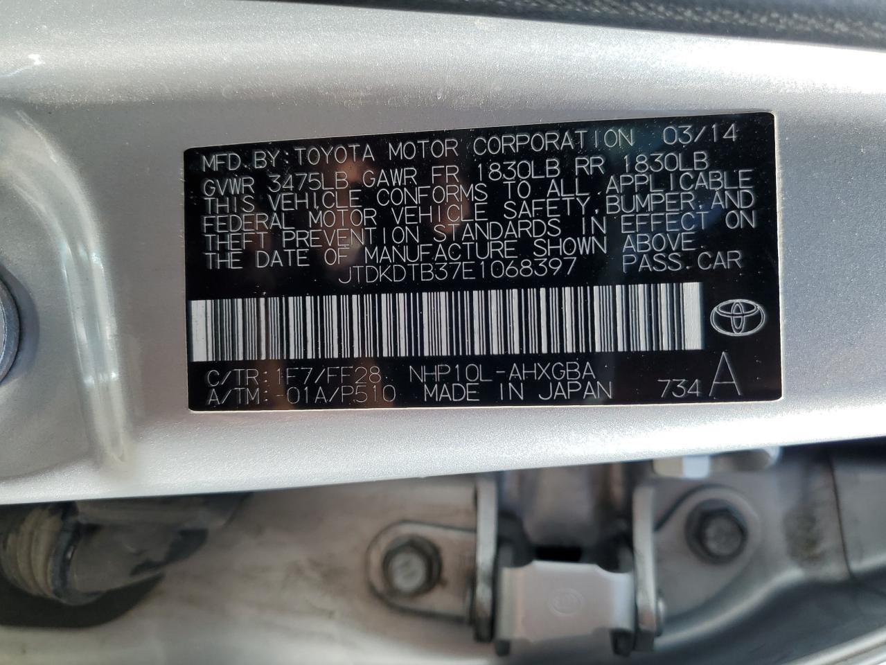2014 Toyota Prius C VIN: JTDKDTB37E1068397 Lot: 63003695