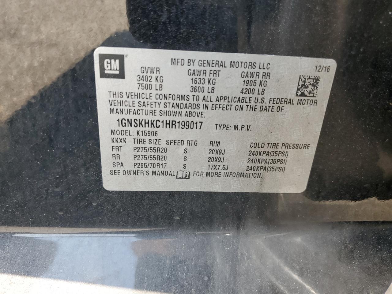 2017 Chevrolet Suburban K1500 Lt VIN: 1GNSKHKC1HR199017 Lot: 65946505