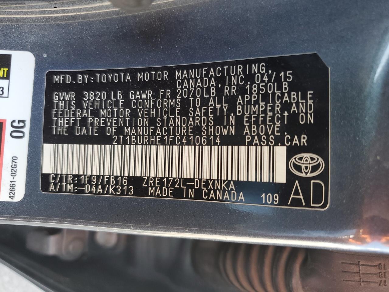 2015 Toyota Corolla L VIN: 2T1BURHE1FC410614 Lot: 65602405