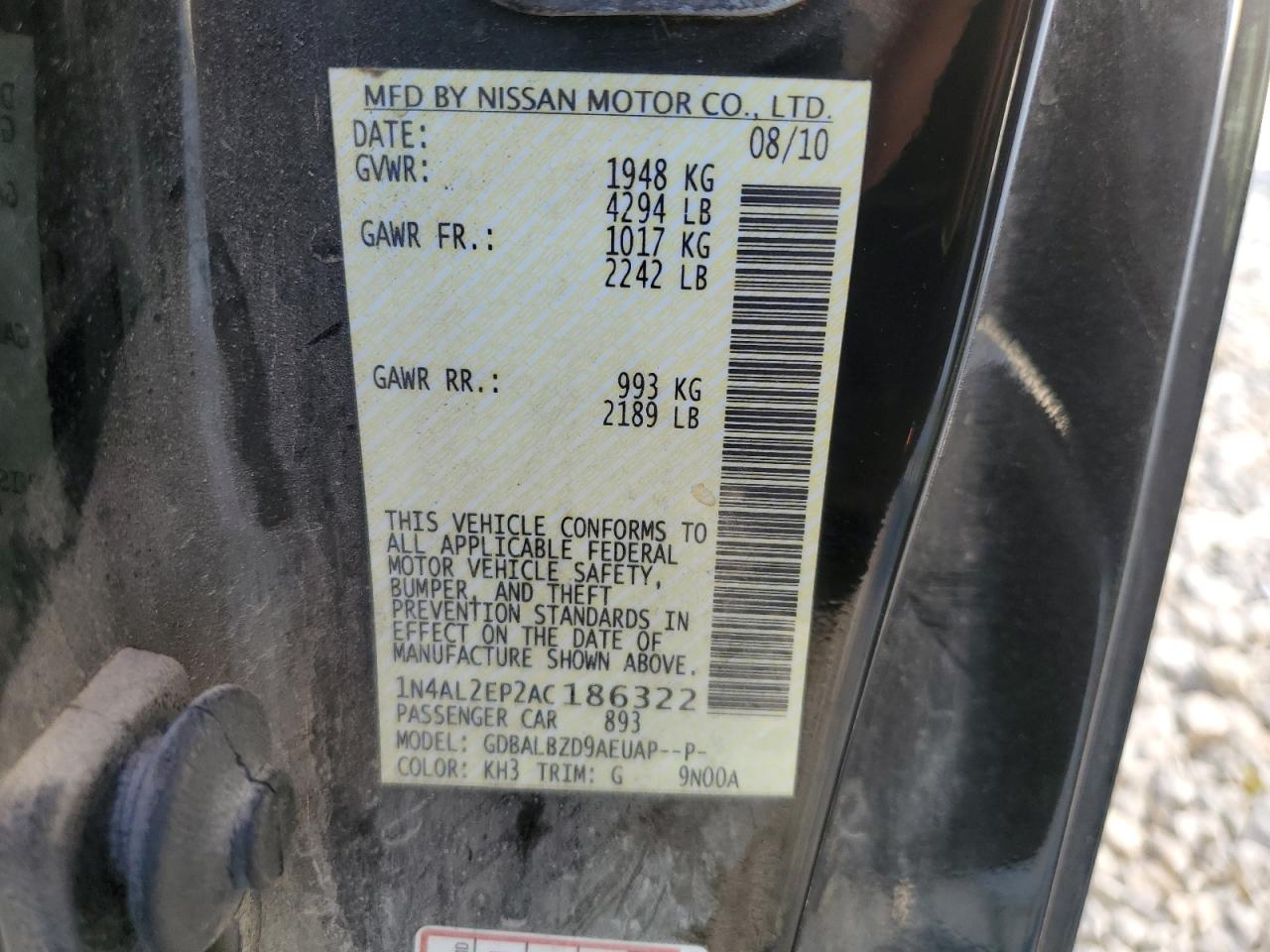 2010 Nissan Altima S VIN: 1N4AL2EP2AC186322 Lot: 63328245