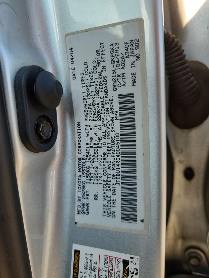 2004 Toyota 4Runner Sr5 VIN: JTEBU14R040045100 Lot: 64144845