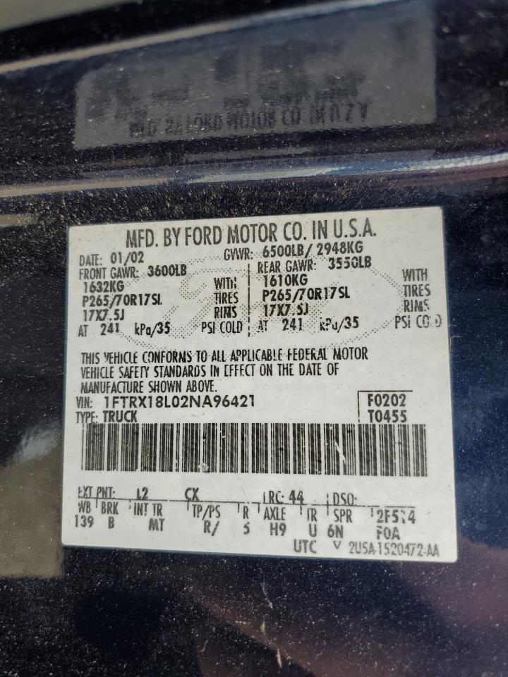 2002 Ford F150 VIN: 1FTRX18L02NA96421 Lot: 64867095