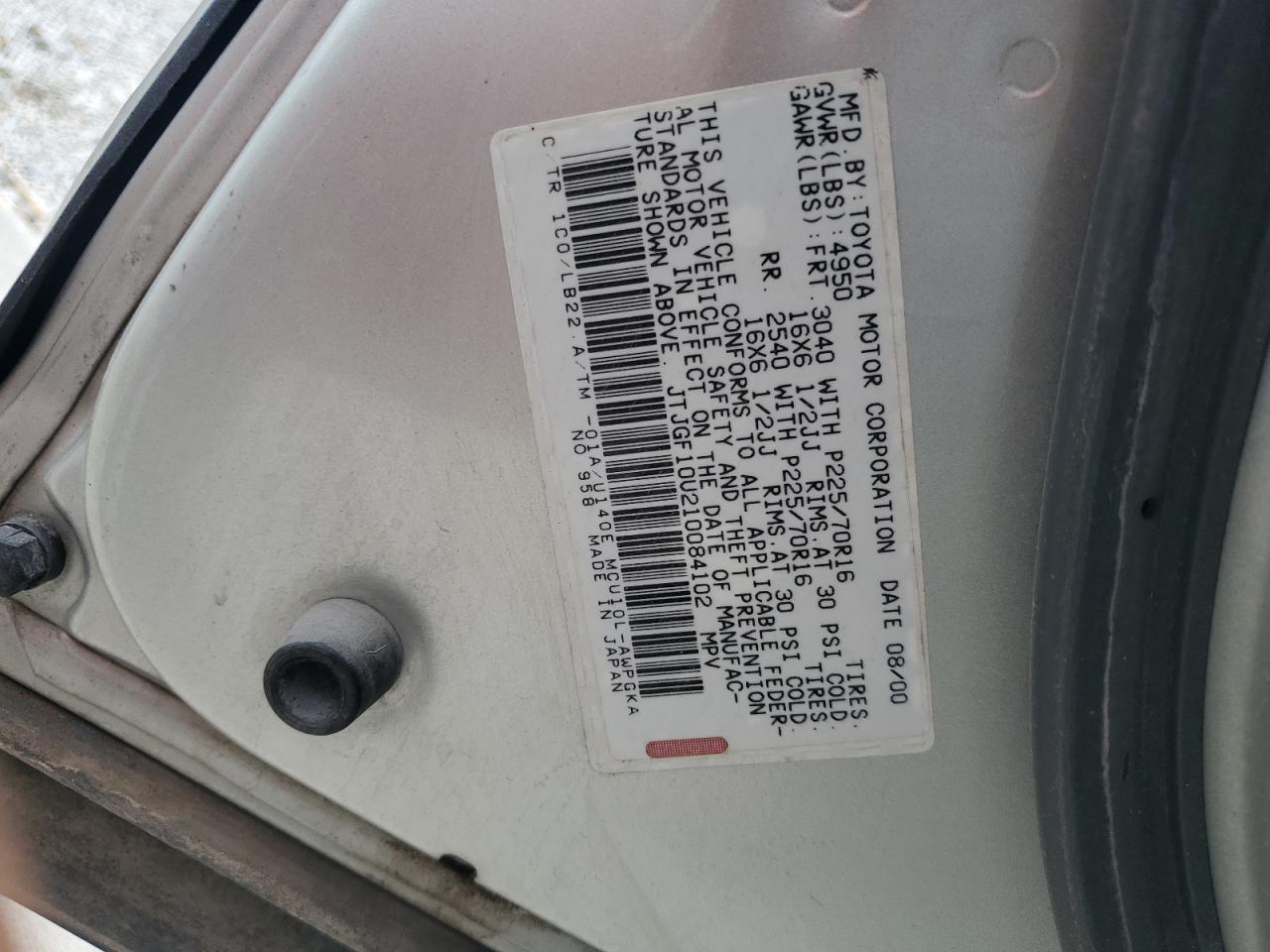 2001 Lexus Rx 300 VIN: JTJGF10U210084102 Lot: 64001555
